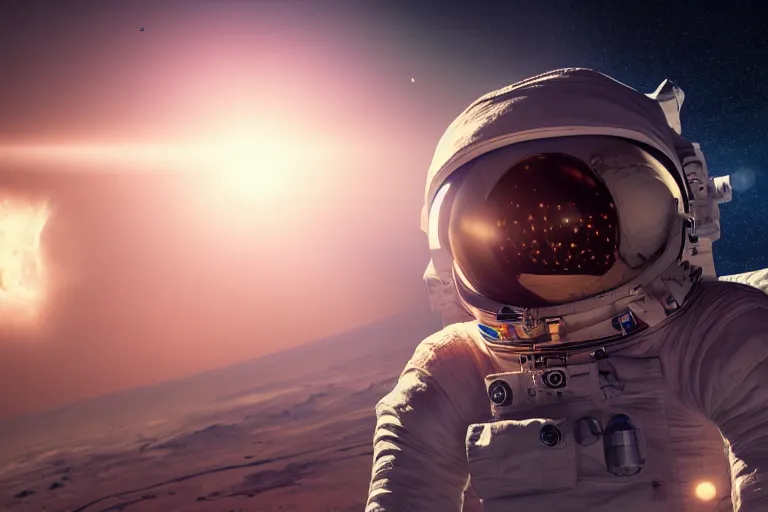 Prompt: astronaut in space wearing a spacesuit floating, mars in background, highly detailed, photorealistic portrait, bright studio setting, studio lighting, crisp quality and light reflections, unreal engine 5 quality render