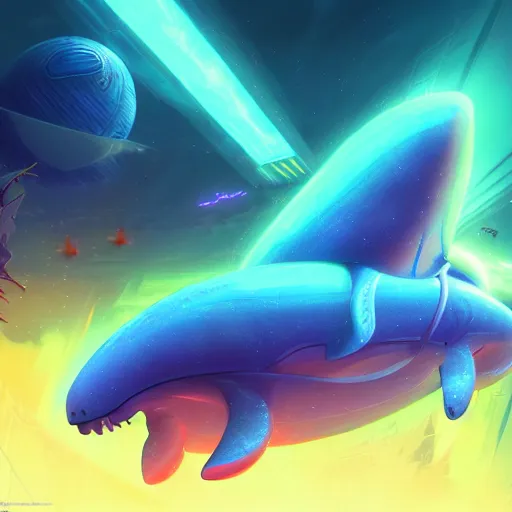 Prompt: translucent neon space whale floating majestically in the void, by Tyler Edlin, digital art, highly detailed, trending on art station