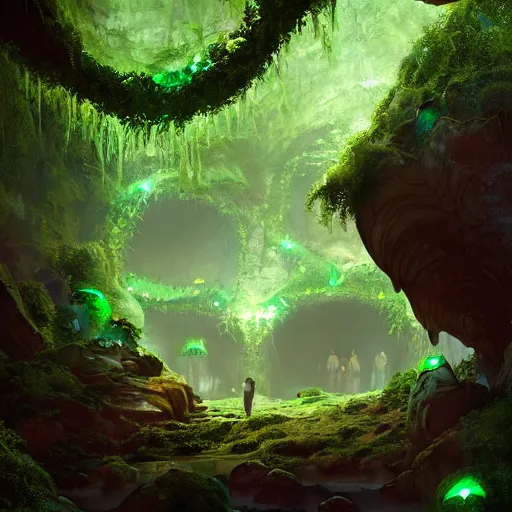 Image similar to looking into lush cave entrance with glowing emeralds and vines hanging from the ceiling, mythical ambience, sharp focus, cinematic light, cgsociety, highly detailed