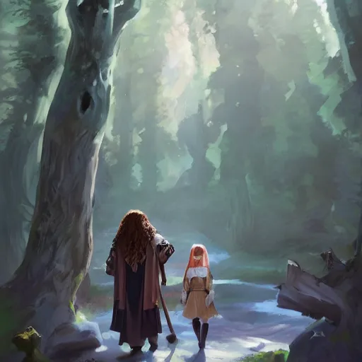 Image similar to hagrid the viking and gothic medieval morticia addams walking in enchanted forest in a sunny day, jodhpurs greg manchess painting by sargent and leyendecker, studio ghibli fantasy medium shot asymmetrical intricate elegant matte painting illustration hearthstone, by greg rutkowski by greg tocchini by james gilleard