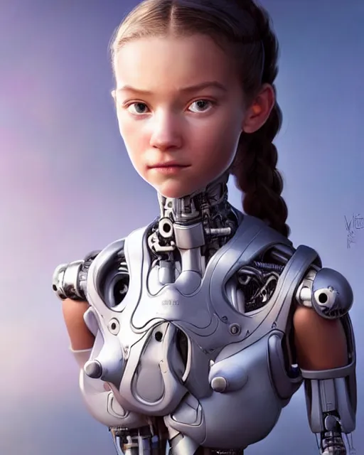 Image similar to weta disney pixar movie still head and torso portrait photo of young millie alicia bobby vikander brown with a white ponytail as thoughtful intricate detailed mechanical white plastic cyborg girl by pixar, by weta, wlop, ilya kuvshinov, rossdraws, artgerm, latex, iridescent, bright morning, anime, liosh, mucha