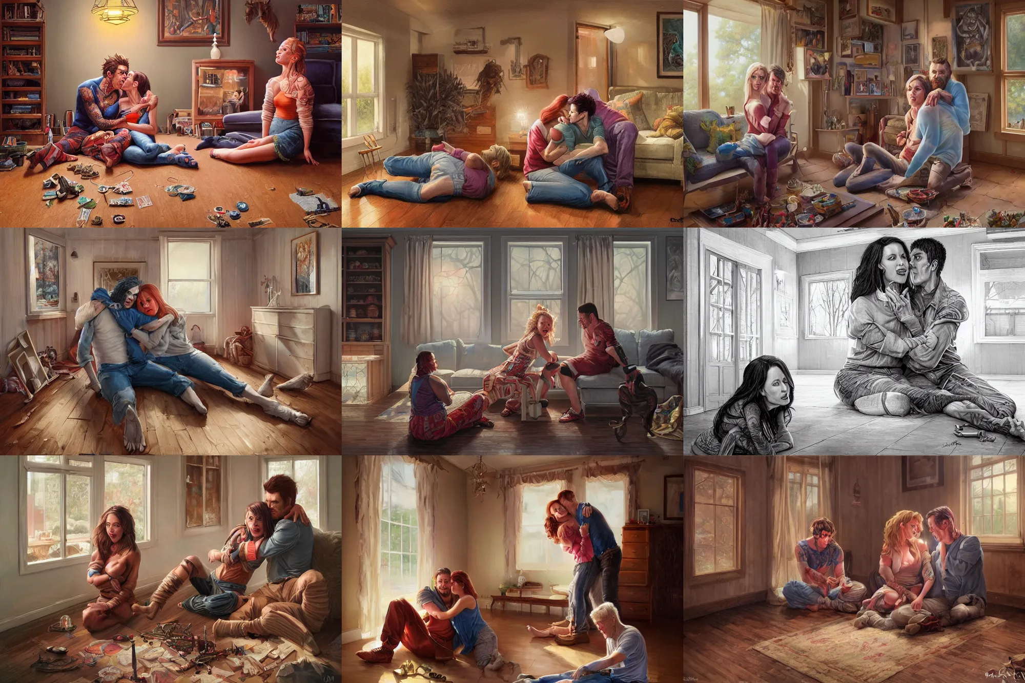 Prompt: maniac man and a his wife sitting on the floor while hugging each other in living room of a modern kentucky house | fully clothed | highly detailed | very intricate | symmetrical | cinematic lighting | award - winning | closeup portrait | painted by donato giancola and mandy jurgens and rossdraws and rhads | featured on artstation