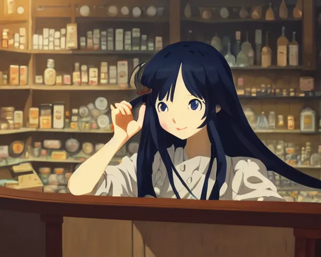 Prompt: anime visual, portrait of a young female traveler in a alchemist's shop interior, cute face by yoh yoshinari, katsura masakazu, studio lighting, dynamic pose, dynamic perspective, strong silhouette, anime cels, ilya kuvshinov, cel shaded, crisp and sharp, rounded eyes, moody