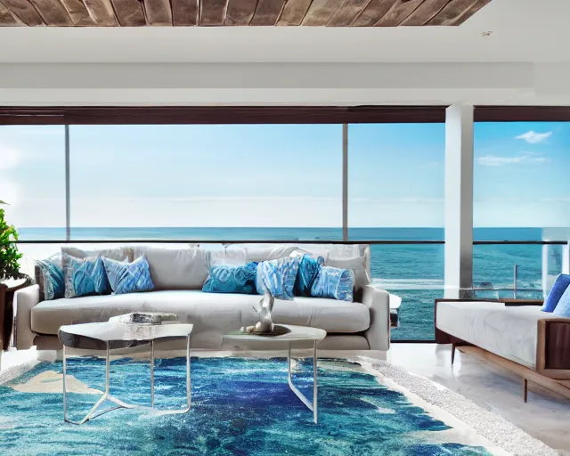 Image similar to A modern living room in a ocean hues style next to a big terrace overlooking the ocean, sea shells on top of a luxurious wooden coffee table in the center, inspired by the ocean, calm, relaxed style, harmony, wide angle shot, 8k resolution, ultra detailed