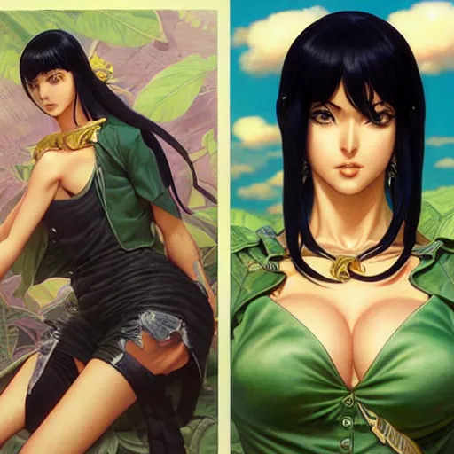 Prompt: highly detailed vfx portrait of nico robin by eiichiro oda!, yusuke murata, greg rutkowski, makoto shinkai, tom bagshaw, alphonse mucha, sharp focus, art by artgerm and stanley kubrick, backlit, harsh overhead sunlight,