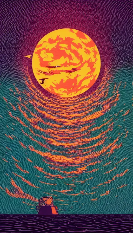 Image similar to sturgeon moon floating on cosmic maelstrom sunset sky, futurism, dan mumford, victo ngai, kilian eng, da vinci, josan gonzalez