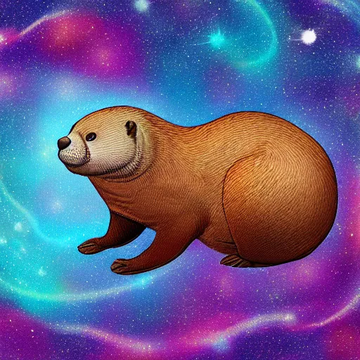 Image similar to digital illustration of a fat otter swimming through outer space, with colorful nebulae