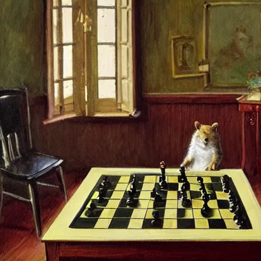 Image similar to a quokka playing chess inside a cozy victorian living room, in the style of anders zorn