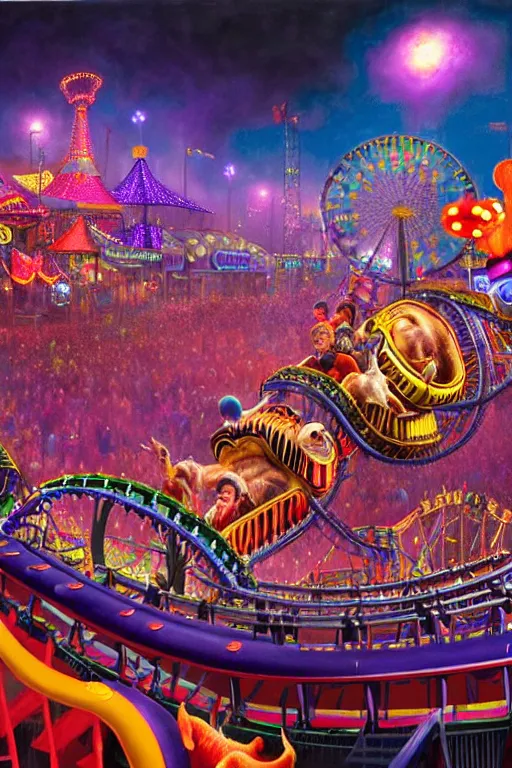 Image similar to a hyperrealistic detailed painting of a epic grandiose carnival in town with rides, games, prizes, glowing lights, colorful, chimeric creatures riding a rollercoaster. cinematic lighting, depth perspective, depth of field, cinematic angle, by chris cunningham and richard corben, highly detailed, vivid color,