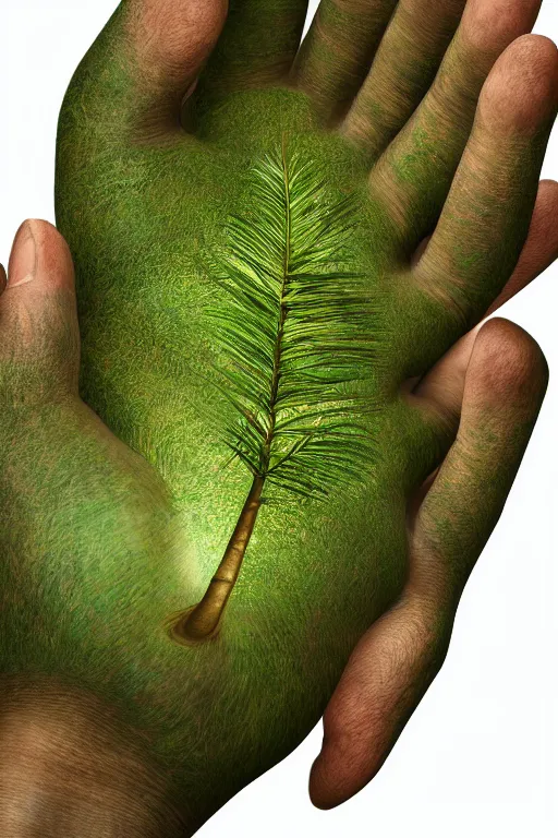 Image similar to hyper realistic beautiful detailed image of a human's palm hand with a tree growing on, white background, photorealistic, 4 k