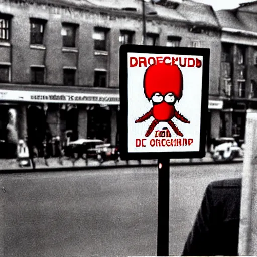 Image similar to dr. zoidberg at checkpoint charlie, realistic, old photograph