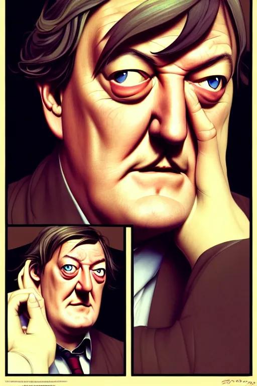 Image similar to stephen fry winking his left eye at the camera, in the style of art by artgerm and greg rutkowski and alphonse mucha