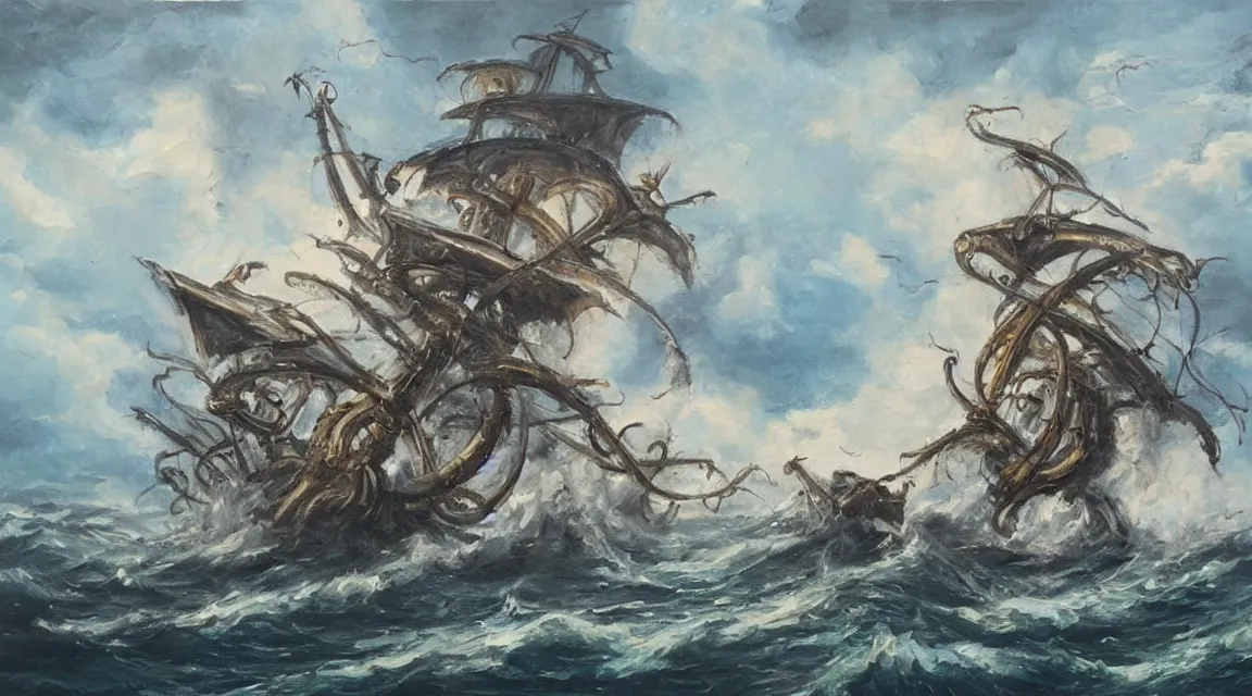 Image similar to oil painting of a kraken attacking a pirate ship