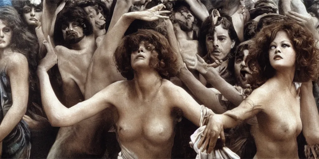 Prompt: a scene from death in venice ( 1 9 7 3 ) by luchino visconti showing claudia cardinale leading a despaired crowd in venice in 1 9 1 0, inspired by last judgement by michelangelo. cinematic, technicolor, very crisped colors, intense colors, highly detailed, 5 0 mm, studio lighting