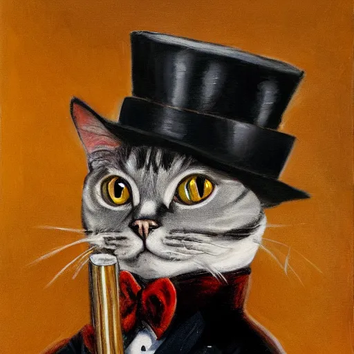 Image similar to a male cat wearing a tophat and suit, smoking a cigar, wielding a gun and pointing it at the camera, inside a casino, surrounded by female cats, oil painting, 4k