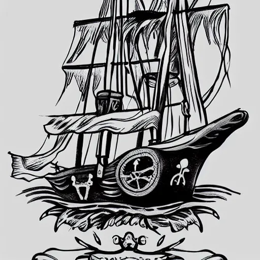 Prompt: a pirate ship sailing in the sea realism tattoo design on white background, by Matteo Pasqualin tattoo artist