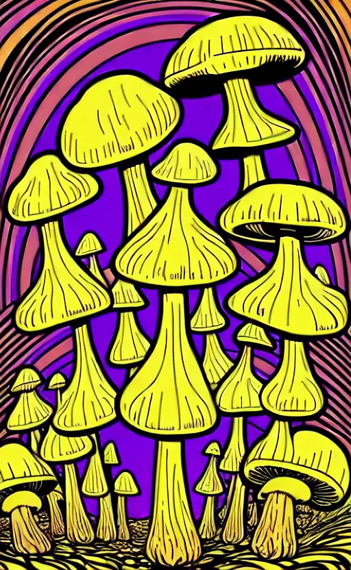 Image similar to psychedelic mushrooms wide angle shot, white background, vector art, illustration by frank frazetta