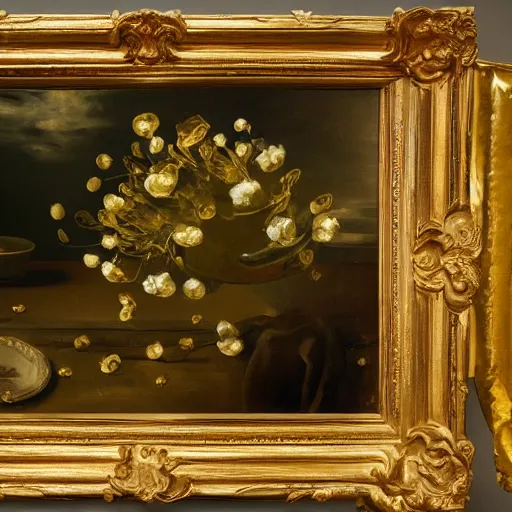 Image similar to 8k, octane render, realism, tonalism, renaissance, rococo, baroque, renaissance , portrait manet painting studio chaotic gold leaf flowers