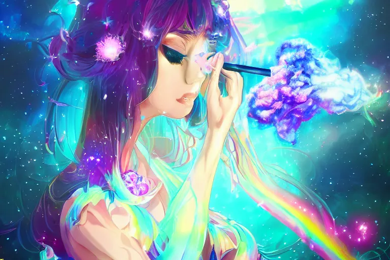 Image similar to psychedelic, full body, whimsical, anime, 4k, beautiful lusty woman blowing smoke, with professional makeup, long trippy hair, a crystal and flower dress, sitting in a reflective pool, surrounded by gems, underneath the stars, rainbow fireflies, trending on patreon, deviantart, twitter, artstation, volumetric lighting, heavy contrast, art style of Ross Tran and Viktoria Gavrilenko and Ilya Kuvshinov