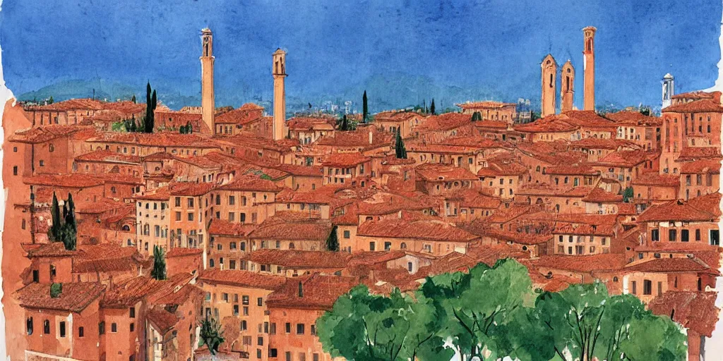 Prompt: watercolor, verona city by david hockney, sergio toppi