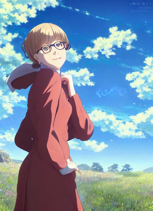 Image similar to Painting of grown-up Velma Dinkley in the style of Violet Evergarden, beautiful anime art style, winged eyelashes, countryside, calm, fantasy character portrait, dark outlines, dynamic pose, above view, sunny day, artwork by Makoto Shinkai, very coherent asymmetrical artwork, sharp edges, perfect face, simple form, 100mm