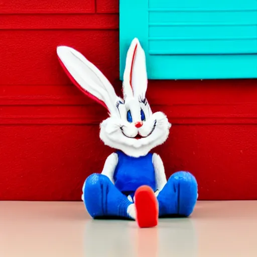 Image similar to photo of a bugs bunny toy sitting infront of a red wall with blue stripes.