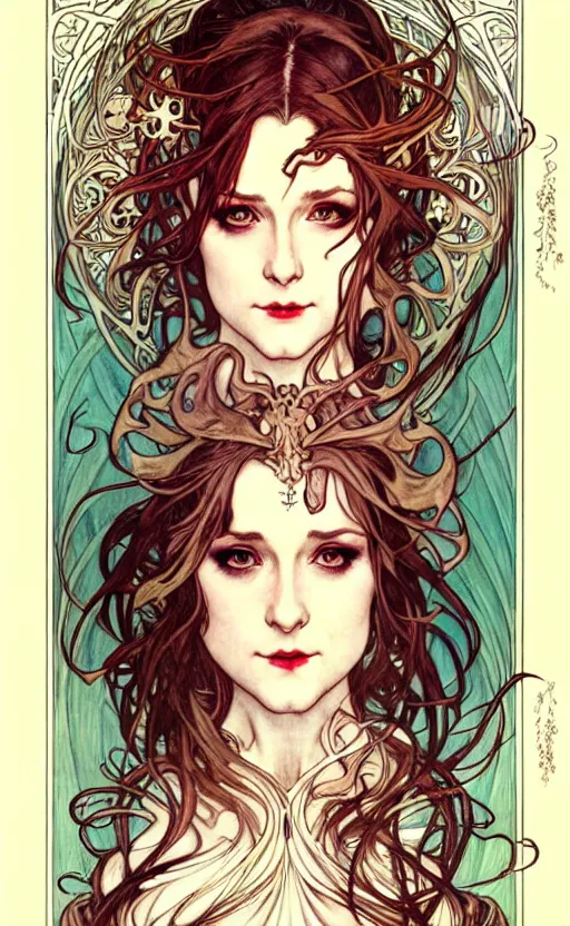 Image similar to in the style of artgerm, arthur rackham, alphonse mucha, evan rachel wood, symmetrical eyes, symmetrical face, flowing white dress, hair blowing, full body, intricate filagree, warm colors, cool offset colors