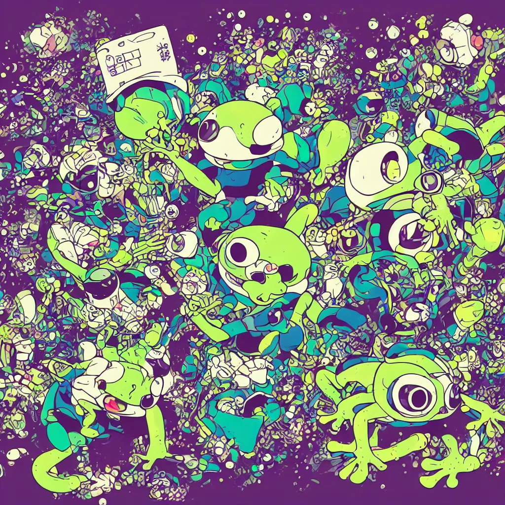 Image similar to toads, frogs, ryuta ueda artwork, breakcore, style of jet set radio, y 2 k, gloom, space, cel - shaded art style, indigo rainbow, data, minimal, takashi murakami artwork, code, cybernetic, dark, eerie, cyber