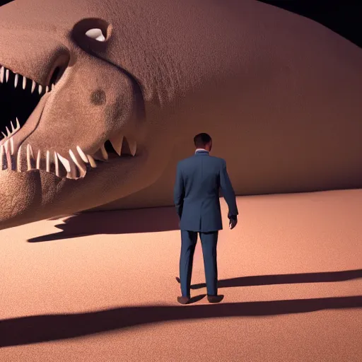 Image similar to a man with an elegant green suit, photography, 3 d render, at night, dinosaur, sand, water