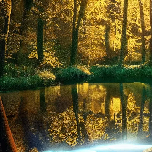 Image similar to river in a forest, golden hour, ray tracing reflection, 8k, hyper realistic, insainly detailed, hdr, octan render,