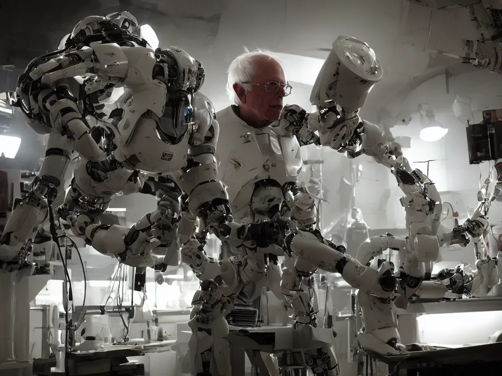 Prompt: bernie sanders putting the finishing touches on a scifi doomsday robot, cinematic moody lighting, led lighting, sharp focus, dirty smoky laboratory, imax