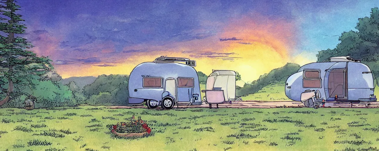 Prompt: studio ghibli illustration of a single airstream trailer in beautiful mountain woods, sunset in the background