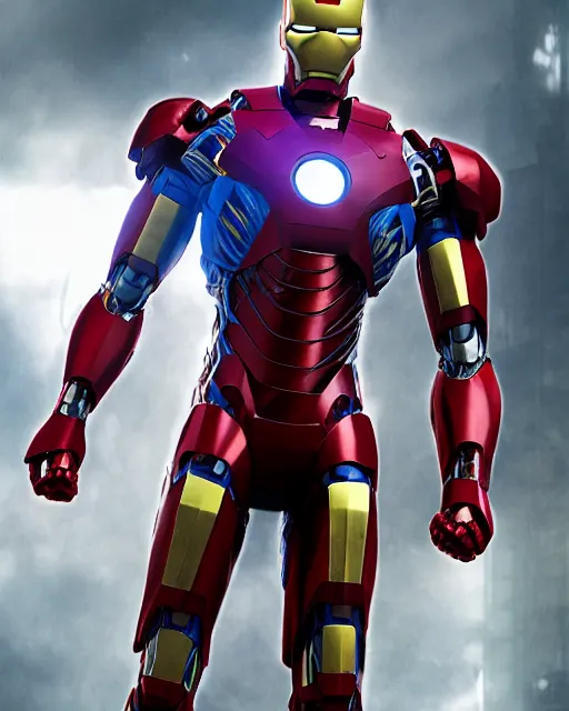 Image similar to super high resolution photorealistic cyberpunk super man mixed with iron man