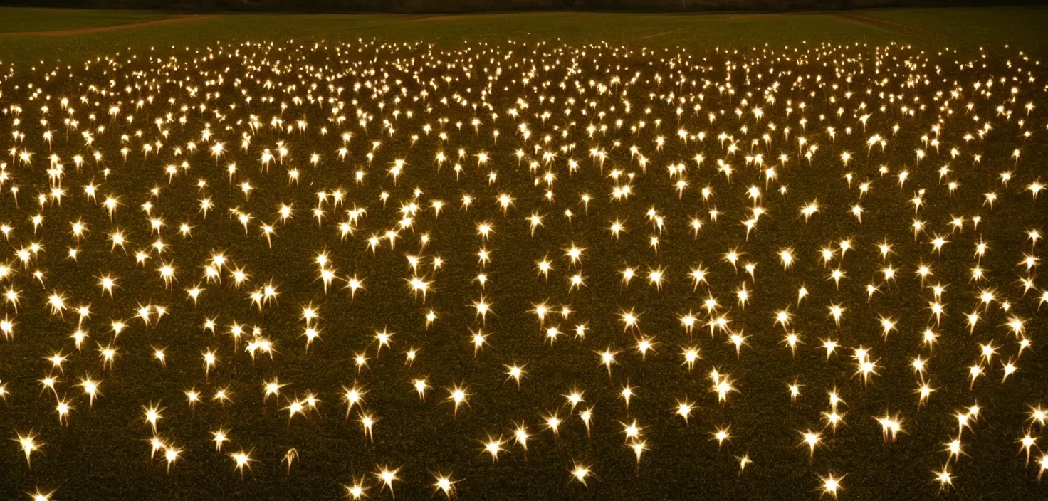 Prompt: a lot of fun bulbs fly over the field, night, stars, field, smiles, emotions, photoreal image