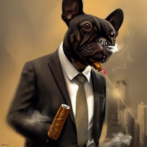 Image similar to a dog wearing a business suit smoking a cigar, dramatic lighting, cinematic, establishing shot, extremly high detail, photorealistic, cinematic lighting, concept art, artstation, style by greg rutkowsky