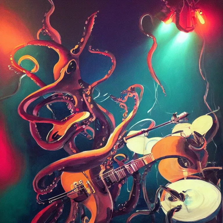 Image similar to a beautiful painting by greg tocchini of an octopus playing drums and telecaster guitar in an electronic concert, dark background, concert light, dark mood, warm lights