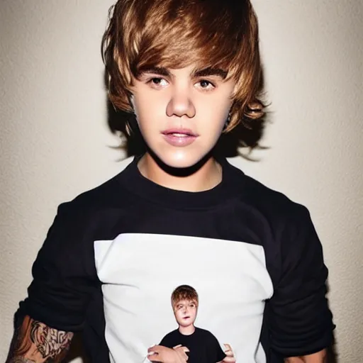 Image similar to close - up portrait photo of justin bieber with down's syndrome, symmetric studio portrait