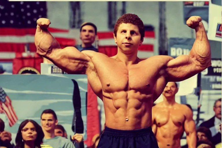 Prompt: “ a very buff bodybuilder michael cera runs for president, historic moment, propaganda poster, 4 k, news piece ”