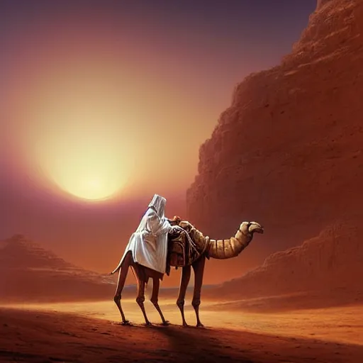 Image similar to an african moor wearing white robes riding a robot camel through the valley of the kings, by greg rutkowski and android jones, oil on canvas, 8k, synthwave sunset