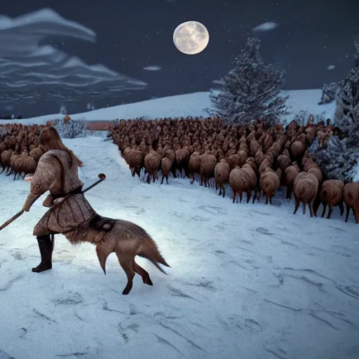 Prompt: the slaughtering of 1 0 0 0 pigs by horrible viking men dressed in wolves clothing. in wintertime. in the moonlight. hyper realistic 8 k render.