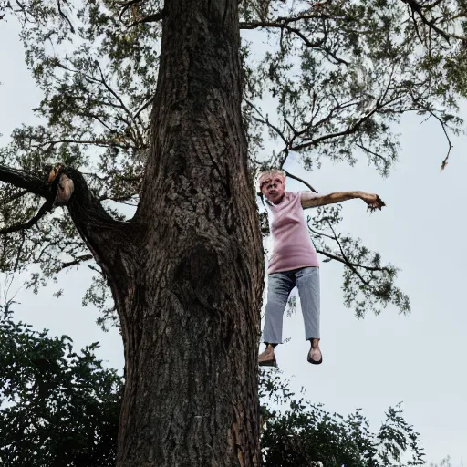 Image similar to elderly woman stuck up a tree, screaming, canon eos r 3, f / 1. 4, iso 2 0 0, 1 / 1 6 0 s, 8 k, raw, unedited, symmetrical balance, wide angle