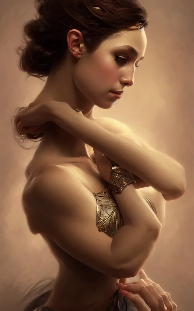 Prompt: portrait of ballerina with dark eye shadow, studio lighting, intricate, elegant, highly detailed, digital painting, artstation, concept art, smooth, sharp focus, illustration, art by artgerm and greg rutkowski and alphonse mucha