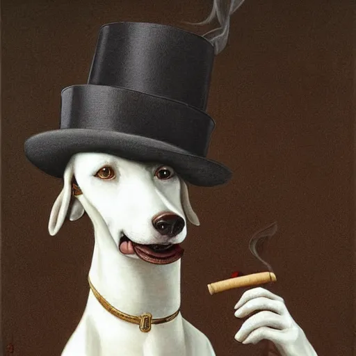 Prompt: Portrait of an anthropomorphic White Greyhound wearing a black fedora hat and smoking a cigar in a very smokey room. Very high quality. Drawn by James Christensen