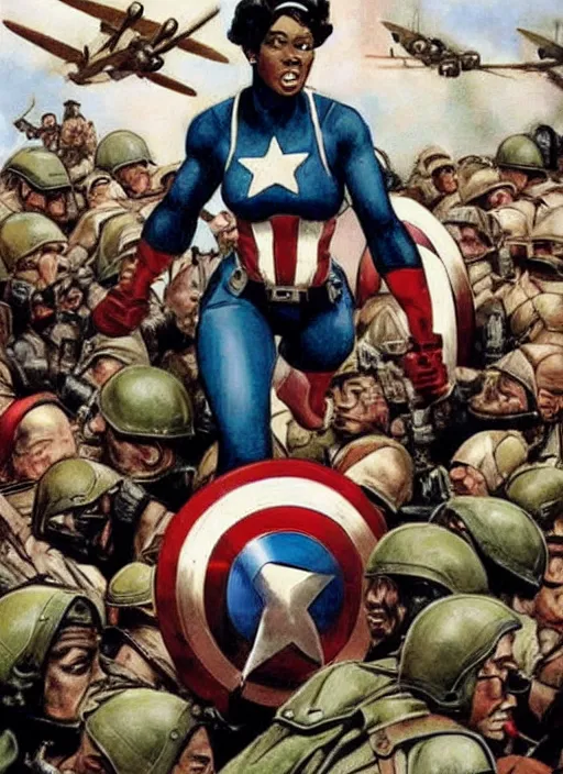 Image similar to beautiful black female captain america standing on a pile of defeated german soldiers. feminist captain america wins wwii. american wwii propaganda poster by james gurney