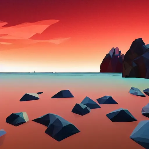 Image similar to super detailed color lowpoly art, northern sunset with rocks on front, monochrome photorealistic bay in the middle of perspective and mountains at background, big graphic seiner ship, unreal engine, high contrast color palette, 3 d render, lowpoly, colorful, digital art, perspective, full volume composition, robb cobb, syd mead