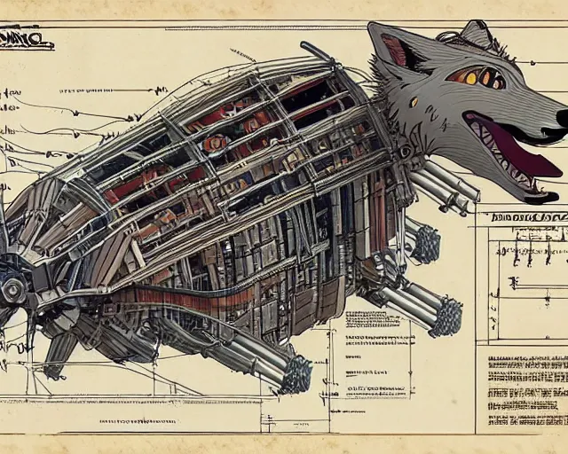 Image similar to a full page of a mechanical blueprint showing a cutaway design for a mechanized coyote from howl's moving castle ( 2 0 0 4 ), with a big head, muted colors, post grunge, studio ghibli, hq,