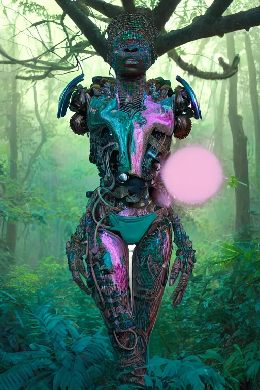 Image similar to hyperrealistic post - maximalist masterpiece super expressive! yoruba goddess with exoskeleton armor, merging with tree in a forest, highly detailed digital art cinematic, smooth cam de leon eric zener dramatic pearlescent soft teal pink light, ground angle hd 8 k, sharp focus