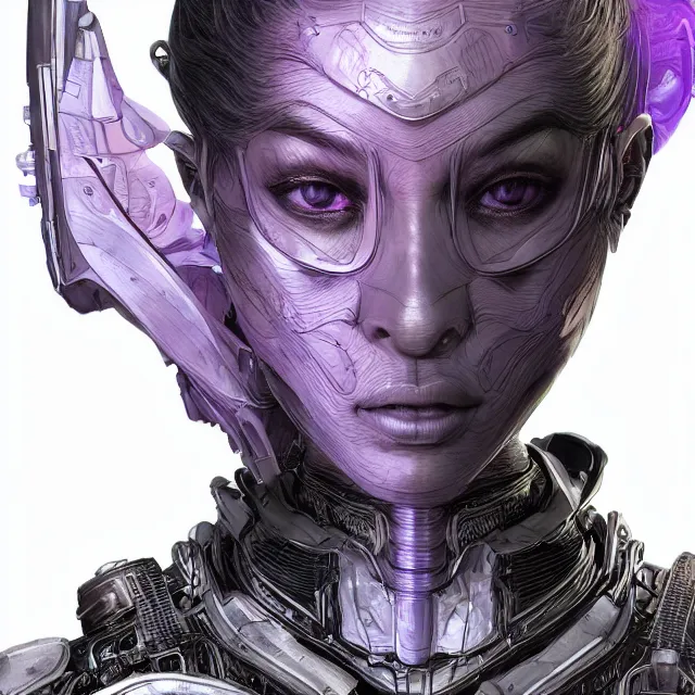 Prompt: facial portrait of a woman in powerful purple sci - fi armor with a black ponytail, elegant, stoic, intense, ultrafine hyperdetailed illustration by kim jung gi, irakli nadar, intricate linework, sharp focus, bright colors, octopath traveler, final fantasy, unreal engine 5 highly rendered, global illumination, radiant light, detailed, intricate environment