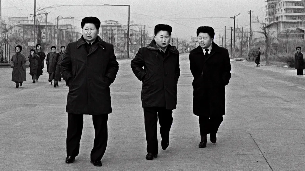 Prompt: kim jong - il walking in 1 9 6 0 s pyongyang, film noir thriller in the style of orson welles and andrei tarkovski