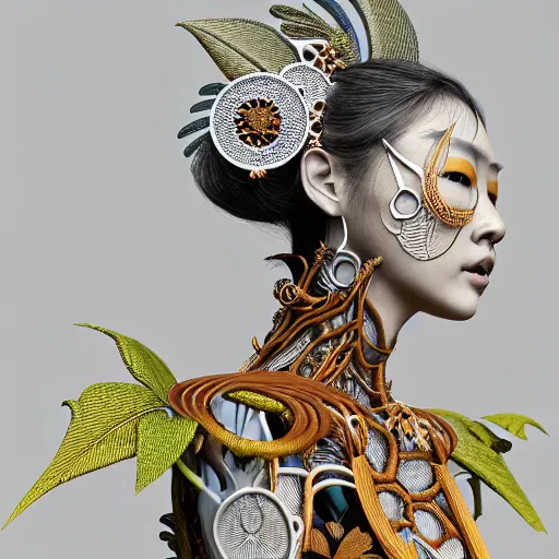 Prompt: complex 3d render ultra detailed of the east-asian goddess of sunflowers, biomechanical pattern, analog, 150 mm lens, beautiful natural soft rim light, big leaves and stems, roots, fine foliage lace, silver dechroic details, massai warrior, Alexander Mcqueen high fashion haute couture, pearl earring, art nouveau fashion embroidered, steampunk, intricate details, mesh wire, mandelbrot fractal, anatomical, facial muscles, cable wires, microchip, elegant, hyper realistic, ultra detailed, octane render, H.R. Giger style, volumetric lighting, 8k post-production